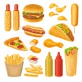 Set fast food icon. Vector color realistic illustration Royalty Free Stock Photo