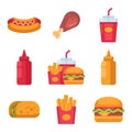 Set of fast food icons. Cups of cola, donuts, hamburgers, chicken feet, hotdogs, French fries, ketchup