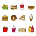 Set of fast food icons. Drinks, snacks and sweets. Colorful outlined icon collection. Royalty Free Stock Photo