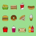 Set of fast food icons. Drinks, snacks and sweets. Colorful outlined icon collection.