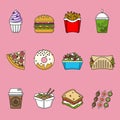 Set of fast food icons. Drinks, snacks and sweets. Colorful outlined icon collection. Royalty Free Stock Photo