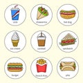 Set of fast food icons. Drinks, snacks and sweets. Set 3