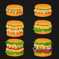 Set of fast food icons. Grilled chicken burgers with various ingredients.