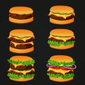 Set of fast food icons. Meat burgers with various ingredients.