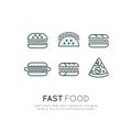 Set of Fast Food Items, Hot Dog, Wrap, Pizza, Burrito and Sandwich, Burger