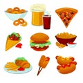 Set of fast food meals. Collection cartoon snack icons Royalty Free Stock Photo