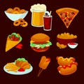 Set of fast food meals. Collection cartoon snack icons Royalty Free Stock Photo