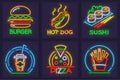 Set of fast food neon icons hamburger