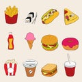 A set of fast food products. french fries,rolls,hot dog,pizza slice,ketchup bottle,ice cream,hamburger,donut,popcorn,coffee, Royalty Free Stock Photo