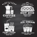 Set of fast food retro badge design on the chalkboard. Vintage design with hod dog, coffee, ice cream, french fries for