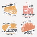 Set of fast food retro badge design. Vintage design with sandwich, coffee, taco, croissant for pub or fast food business Royalty Free Stock Photo