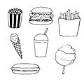 Set of fast food and sweets, vector illustration, hand drawn doodles Royalty Free Stock Photo