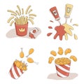 Set of fast food vector cartoon illustrations. French fries, ketchup, mustard, fried chicken, and nuggets in bucket. Royalty Free Stock Photo