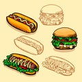 Set of Fast food. Illustration of burgers and hot dogs. Retro design.