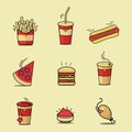 Set of fast food vectors. Pizza, hamburger, french fries, cold drink, hot dog, teacup, coffee cup, chicken thigh, sauce Royalty Free Stock Photo