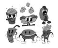 A set of fast food vintage toons: funny character, vector illustration trendy classic retro cartoon style