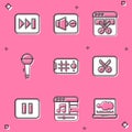 Set Fast forward, Speaker mute, Video recorder editor, Microphone, Selfie mobile, Music video editing, Pause button and Royalty Free Stock Photo