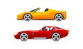 Set of Fast Motor Racing Cars, Side View of Red and Yellow Racing Bolids Flat Vector Illustration Royalty Free Stock Photo