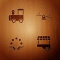 Set Fast street food cart, Toy train, Juggling ball and Seesaw on wooden background. Vector Royalty Free Stock Photo