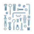 Set of fasteners. Bolts, screws, nuts, dowels and rivets in doodle style. Hand drawn building material.