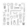 Set of fasteners. Bolts, screws, nuts, dowels and rivets in doodle style. Hand drawn building material.