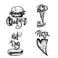 Set of fastfood hand-drawn freehand sketch drawings on white background with lettering. Pizza slices, sandwich, burger Royalty Free Stock Photo