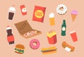 Set Of Fat Unhealthy Food. Cola, Chips, Donut And Ice Cream, Pizza, Burger And French Fries. Hot Dog, Beer, Soda Royalty Free Stock Photo