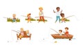 Set of fathers and kids fishing together. Parents and little children catching fish with fishing rods vector