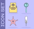 Set Feather pen, Subpoena, Hexagram sheriff and Magnifying glass with search icon. Vector