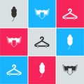 Set Feather, Washing modes and Hanger wardrobe icon. Vector