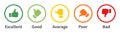 Set of feedback rating. Excellent, good, average, poor, bad. Rating thumb icon set. Thumb up, Thumb down. Vector Royalty Free Stock Photo