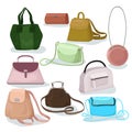 Set of stylish women handbags. Trendy leather accessories of different types isolated on white background. Colorful