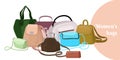 Set of stylish women handbags. Trendy leather accessories of different types isolated on white background. Colorful