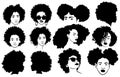 Set of female afro hairstyles. Collection of dreads and afro braids for a girl. Black and white illustration for a