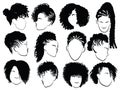 Set of female afro hairstyles. Collection of dreads and afro braids for a girl. Black and white illustration for a Royalty Free Stock Photo