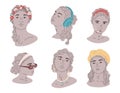 Set of female antique heads. Flat classic stone or clay Greek statues of women. Modern fashion accessories. Collection