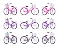 Set of female bicycles with basket in pink, purple, black colors