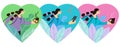 Set of female body positive vector illustrations. Three cartoon female characters inside a heart. Cute girl with a