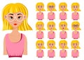 Set with a female character with different facial expressions and emotions. Cartoon style. Vector illustration. Royalty Free Stock Photo