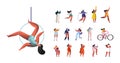 Set of Female Characters Aerial Circus Gymnast, Sportswoman Workout on Jump Rope, Hold Award Trophy, Ride Bicycle, Work