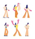 Set of Female Characters in Casual and Formal Clothing Stand in Different Postures, Gesturing, Choosing or Buying Dress