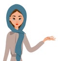 Set of female characters. Girl points to the right hand to the side. Vector illustration Royalty Free Stock Photo