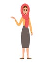 Set of female characters. Girl points to the right hand to the side. Vector illustration Royalty Free Stock Photo