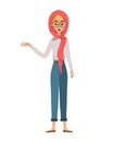 Set of female characters. Girl points to the right hand to the side. Vector illustration