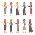 Set of female characters. Girls points to the right hand to the side. Vector illustration