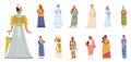 Set Of Female Characters Wearing Historical Costumes. Women Dressed As Victorian Lady, Wear Native American, Indian Royalty Free Stock Photo