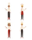 Set of female characters. Womans cook points to the hand to the side. Vector illustration