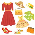 Set of female clothing. Red dress, women shoes on heel, children`s clothes, summer sandals, hat, handbag. Vector illustration for Royalty Free Stock Photo