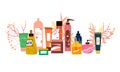 A set of female cosmetics: bottles, jars, shampoos, gels and creams for care