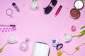 A set of female cosmetics, fashion, style, accessories, glamor, elegance. top view flat lay Royalty Free Stock Photo